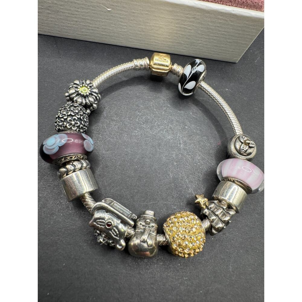 Pandora 925 Sterling Silver & 14k Gold Snake Chain Charm Bracelet 12 Charms ALE
